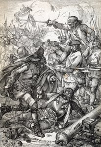 Großer Nordischer Krieg: Die Schlacht von Poltawa zwischen der Armee von Peter I. von Russland und den Truppen von Karl XII. von Schweden, 8. Juli 1709. Federzeichnung aus 