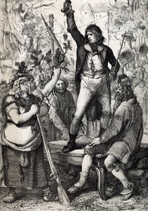 Ausbruch der Französischen Revolution 1789: Das versammelte Volk wird aufgefordert, die Farbe einer Kokarde zu wählen und zu den Waffen zu greifen. Historisch, von Anton Ziegler