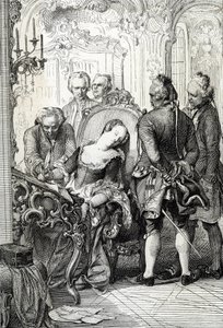 Königin Caroline Mathilde von Dänemark gezwungen, die Scheidungsdokumente nach ihrem außerehelichen Abenteuer 1772 zu unterzeichnen