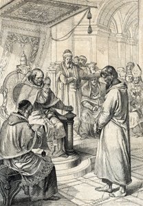 Querelle der Investituren, Buße von Canossa: In Canossa bittet Kaiser Heinrich IV. des Heiligen Römischen Reiches (1050-1106) in Büßergewand um Vergebung von Papst Gregor VII. (Hildebrand: 1015/20-1085) im Januar 1077