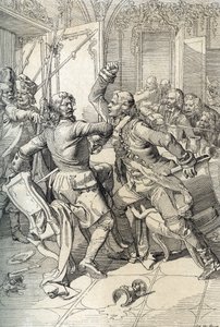 Streltsy-Aufstand: Verhaftung von Mitgliedern der Streltsy-Regimenter nach ihrem Aufstand 1698 gegen die progressiven Innovationen von Zar Peter dem Großen, Russland von Peter Johann Nepomuck Geiger