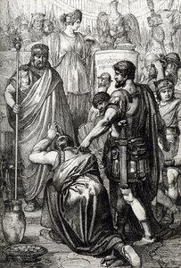 Vandalenkrieg: Die Kapitulation des Vandalenkönigs Gelimer vor dem byzantinischen General Belisarius (500-565) im März 534, Karthago, Afrika