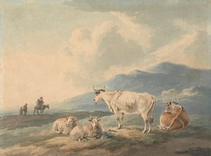 Berglandschaft: mit Kühen und Ziegen im Vordergrund und Figuren links von Peter La Cave