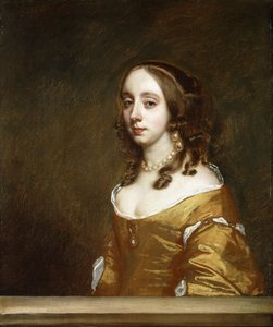 Porträt einer Dame der Familie Popham, Halbfigur, hinter einem Fenster, in einem orangefarbenen Kleid von Peter Lely