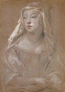 Porträt einer jungen Dame, traditionell identifiziert als Sarah Jennings, Herzogin von Marlborough, halbe Länge, ein Buch haltend, ihre Hände auf ihrem Schoß gekreuzt, ihr Kopfschmuck auf ihre Schultern drapiert, 1667