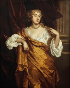 Porträt der Hon. Mary Wharton, stehend, Dreiviertellänge, in einem weißen Hemd und gelbem Gewand neben einer weinroten Draperie von Peter Lely