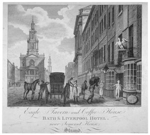 Vor dem Eagle Tavern und Coffee House, Bath & Liverpool Hotel, London, ca. 1800 von Peter Mazell