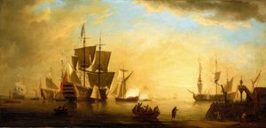 Ein britisches Gebäude mit anderen verankerten Schiffen, in der Dämmerung. Öl auf Leinwand, frühes 18. Jahrhundert, von Peter Monamy von Peter Monamy