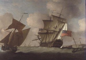 Ein Dritter Rang schließt sich ihrem Geschwader vor Elizabeth Castle, Jersey an von Peter Monamy
