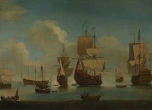 Englische Kriegsschiffe vor Anker in ruhiger See, Segel trocknend, frühes 18. Jahrhundert von Peter Monamy