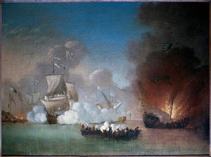 Seeschlacht zwischen einem portugiesischen Kriegsschiff und stacheligen Piratengaleeren - Gemälde von Peter Monamy, ca. 1685 von Peter Monamy