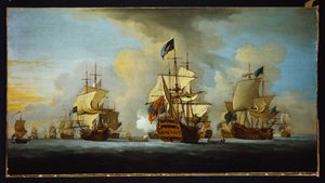 Die englische Flotte vor Anker mit dem Admiralsschiff, das den Vize- und Hinteradmiralen der weißen und blauen Geschwader signalisiert von Peter Monamy