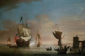 Die Morgensalve, Zweidecker-Kriegsschiff mit anderen Schiffen von Peter Monamy