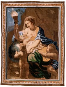 Flämischer Wandteppich. Serie Der Triumph der Eucharistie. Allegorie der Nächstenliebe erleuchtet die Welt. Modell Peter Paul Rubens. 1626-1628. von Peter Paul (after) Rubens