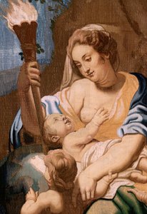 Flämischer Wandteppich. Serie Der Triumph der Eucharistie. Allegorie der Nächstenliebe, die die Welt erleuchtet. Zwanzigster Wandteppich in der Serie. Modell Peter Paul Rubens. 1626-1628. Herstellung Jan II Raes, Brüssel von Peter Paul (after) Rubens