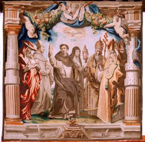 Flämischer Wandteppich. Serie Der Triumph der Eucharistie. Die Verteidiger der Eucharistie. Zehnter Wandteppich der Serie. Modell Peter Paul Rubens. 1626-1628. Herstellung Jan II Raes, Hans Vervoert, Jacques Fobert, Brüssel