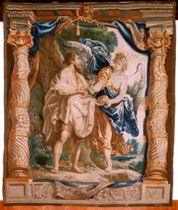 Flämischer Wandteppich. Serie Der Triumph der Eucharistie. Der Prophet Elias wird vom Engel getröstet. Fünfter Wandteppich der Serie. Modell Peter Paul Rubens. 1626-1628. Herstellung Jacob II Geubels, Brüssel