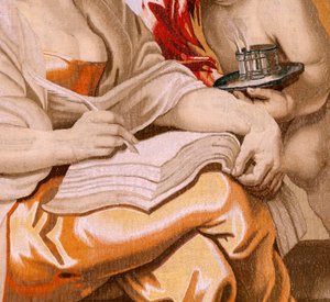Flemischer Wandteppich. Serie Der Triumph der Eucharistie. Weisheit wird vom Heiligen Geist inspiriert. Neunzehnter Wandteppich in der Serie. Modell Peter Paul Rubens. 1626-1628. Herstellung Jacob II Geubels, Brüssel. von Peter Paul (after) Rubens