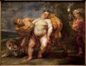 Betrunkener Silen. Gemälde aus dem Umfeld von Peter Paul Rubens (1577-1640), Öl auf Holz, Mitte des 17. Jahrhunderts. Museum der Schönen Künste in Angers.