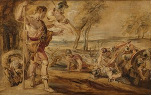 Kadmos, von Minerva geführt, beobachtet den Kampf der Spartoi von Peter Paul Rubens (after)