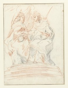 König und Königin auf einem Thron, hinter ihnen steht Fama Christus und Maria von Peter Paul Rubens (possibly)
