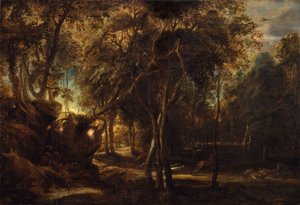 Ein Wald im Morgengrauen mit einer Hirschjagd von Peter Paul Rubens