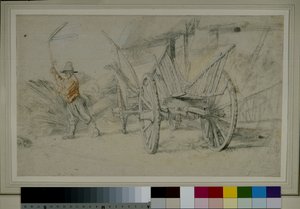 Ein Mann beim Dreschen neben einem Wagen, dahinter Bauerngebäude von Peter Paul Rubens