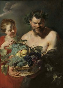 Ein Satyr hält einen Korb mit Trauben und Quitten mit einer Nymphe, von Peter Paul Rubens von Peter Paul Rubens