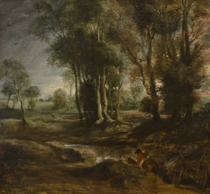 Abendlandschaft mit Holzfuhrwerk, 1630-1640