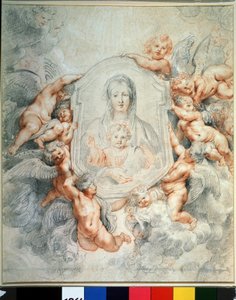 Die Madonna mit dem Kind, von Engeln verehrt