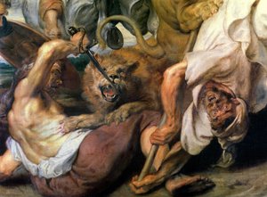 Löwenjagd, Detail von zwei Männern und einem Löwen, 1621 von Peter Paul Rubens