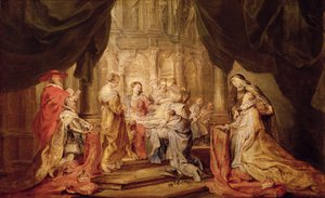 Maria übergibt Ildefonso, Erzbischof von Toledo, das Gewand, mit Erzherzog Albrecht VII. und seinem Schutzpatron Albert von Löwen links und der Infantin Isabella Clara Eugenia und ihrer Schutzpatronin Elisabeth von Ungarn rechts (Skizze für das Altarbild)