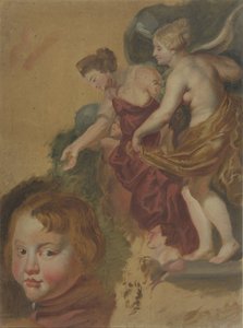 Studienblatt mit glücklicher Regierung von Maria dei Medici, einem Jungenkopf und zwei Männerköpfen