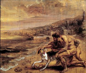 Die Entdeckung des Purpurs Ein Phönizier findet dank seines Hundes eine Muschel (Murex), die den roten Farbstoff produziert. Aquarell von Pierre Paul (Pierre-Paul) Rubens (oder Peter Paul oder Petrus Paulus) (1577-1640) 17. Jahrhundert Sun. 0,28x0,34 m Bay