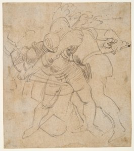 Zwei gepanzerte Soldaten kämpfen (r); ein Hund (v) von Peter Paul Rubens