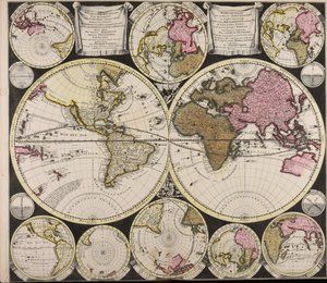 Diversa orbis Terrae visu incedente per coluros Tropicorum ambos ejus polos et particularis sphaerae zenith in planum orthographica projectio quibus additae pro variato horizonte omnium positiones eorumdemque mutua cum circulis caelestibus relatio = Plat O