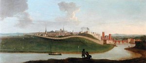 Blick auf Chester, mit zwei Figuren am Fluss im Vordergrund