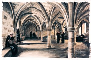 Mönche im Gemeinschaftsraum der Battle Abbey, East Sussex, 12. Jahrhundert, ca. 1990-2010