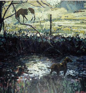 Pony und Hund auf einem Feld