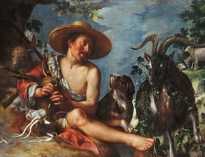 Ein Hirte, der auf einem Hügel Flöte spielt, ein Hund und seine Herde in der Nähe