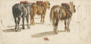 Drei Kaltblüter im Geschirr, Rückansicht von Peter de (attr.) Wint