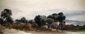 Bewaldete Landschaft mit Hütten von Peter de Wint