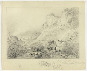 Figuren und Pferdekarren in Landschaft mit Klippen
