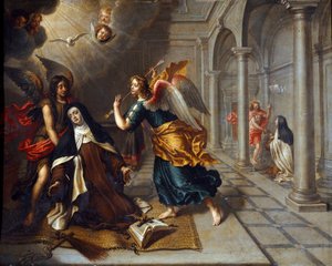 Die heilige Teresa von Ávila (vom Jesuskind) (1515-1582) trifft den Engel, der ihr Herz mit seinem goldenen Pfeil durchbohrt von Peter van Lint