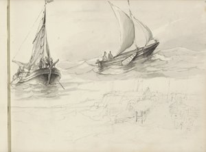 Zwei Segelschiffe mit Figuren auf See von Petrus Johannes Schotel (circle of)