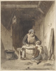 Mann und Junge essen in einer Scheune von Petrus Marius Molijn