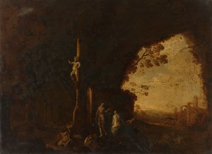 Nymphen in einer Höhle mit antiken Ruinen von Petrus van Hattich