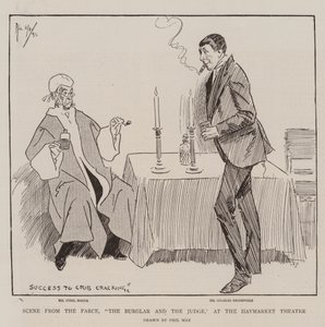 Szene aus der Farce, Der Einbrecher und der Richter, im Haymarket Theatre von Phil May