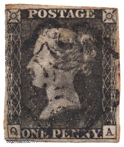 One Penny Black, die erste Briefmarke der Welt (ca. 1840) von Philately