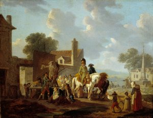 Dorfbewohner und Reiter beobachten die Pantomime Theatervorstellung auf den Straßen eines Dorfes. Gemälde von Louis Philibert Debucourt (1755-1832) 18. Jahrhundert